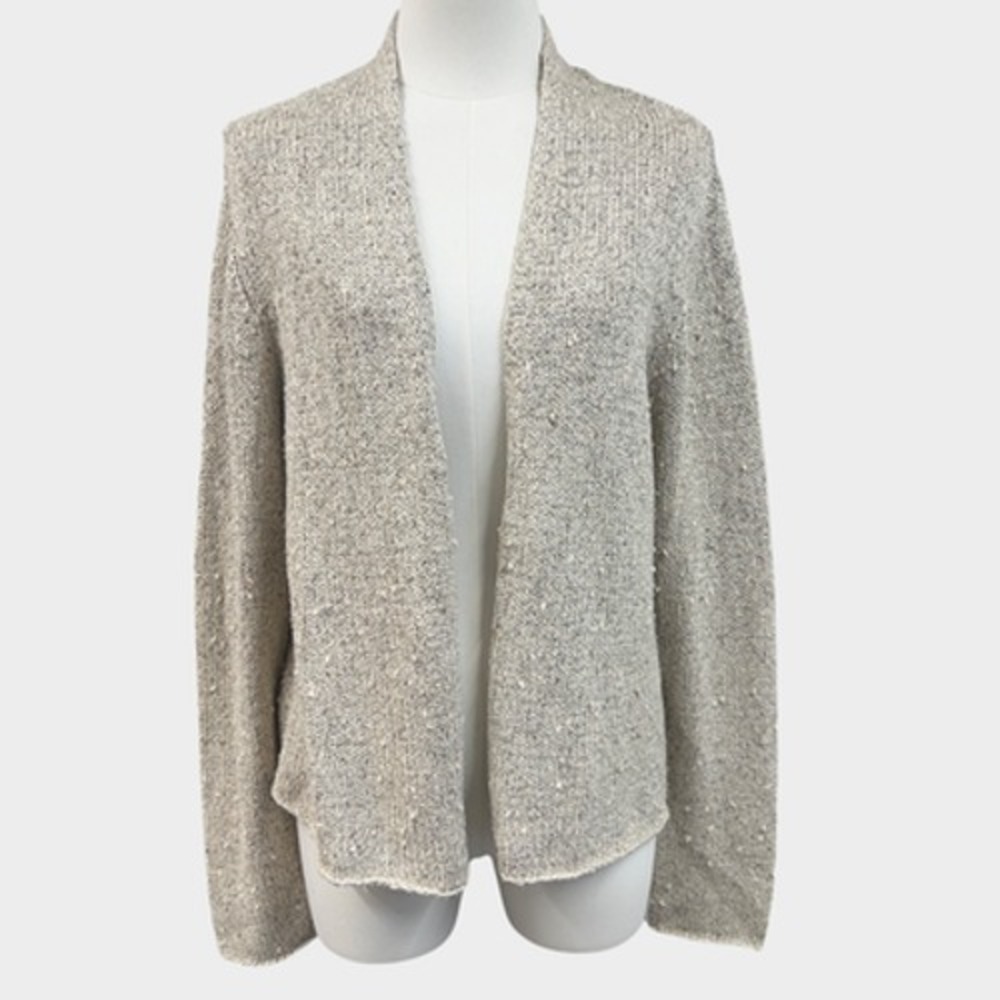 Eileen Fisher 100% Silk Open Front Cardigan Medium Beige Knit Sweater Minimalist